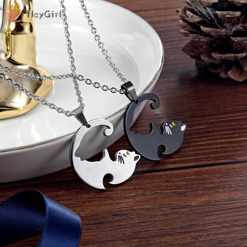 Set 2 vòng cổ hình con mèo bằng thép không gỉ dành cho cặp đôi