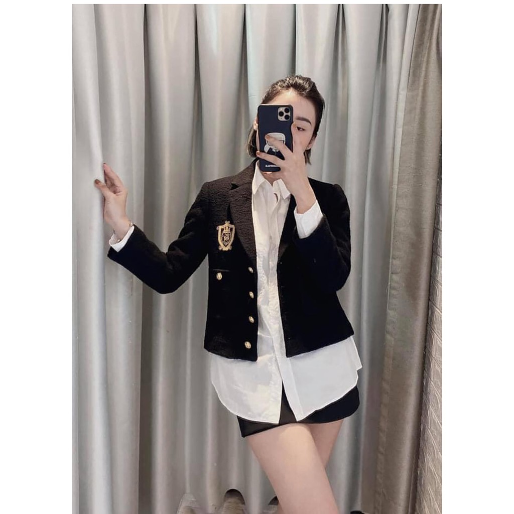 BỘ ÁO BLAZER VÀ CHÂN VÁY VẢI DỆT MÀU ĐEN | BigBuy360 - bigbuy360.vn