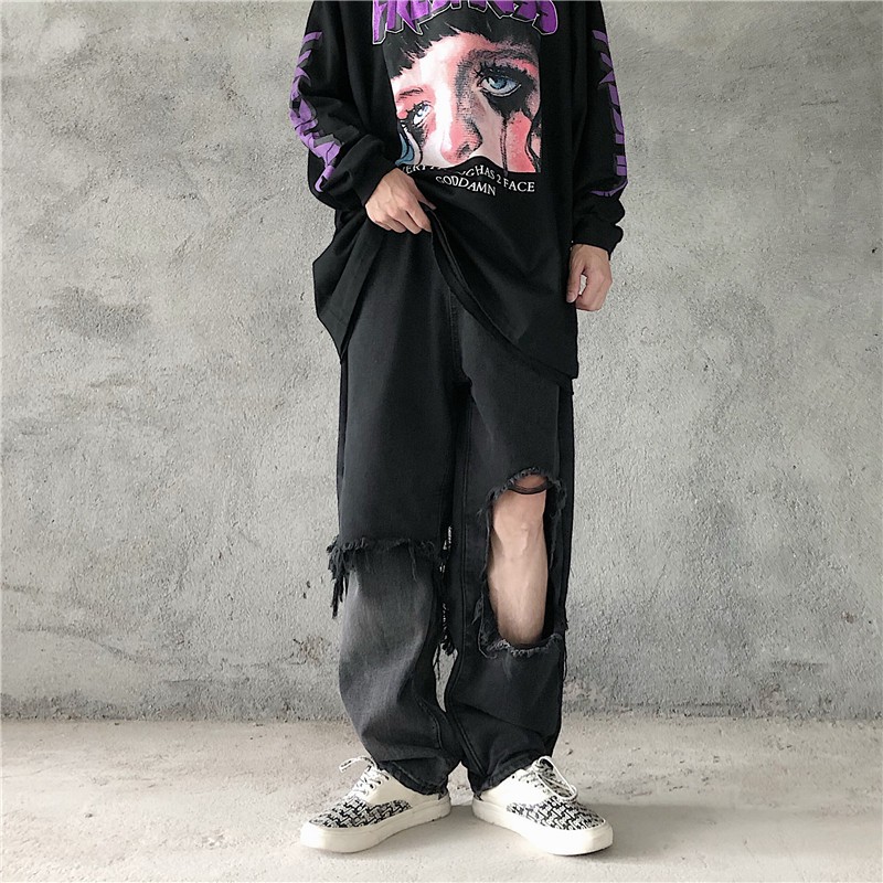 Quần bò unisex rách gối lớn size M L XL