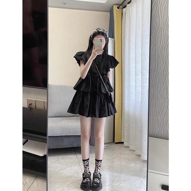 Váy babydoll Đầm Tầng Tay Xếp Nếp Màu Trơn Dễ Thương Thời Trang Mùa Hè 2022 Cho Bạn Gái