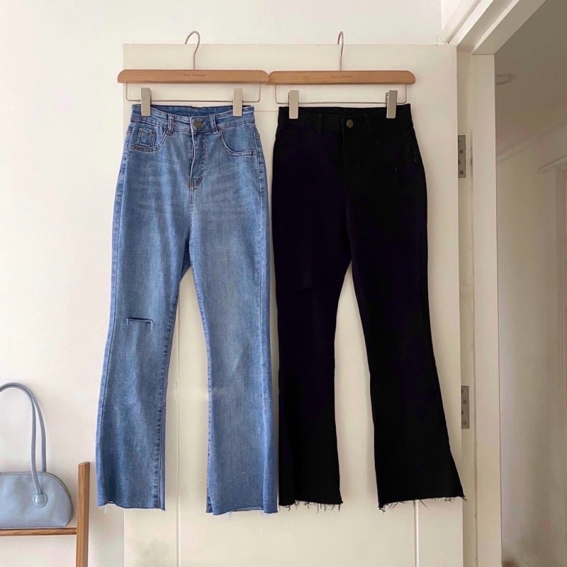 Quần jeans loe co dãn rách gối cạp cao