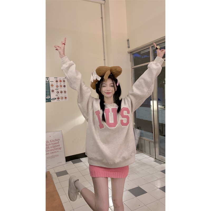 Áo len tay dài cổ tròn màu xám phong cách ngọt ngào đáng yêu thời trang Hàn Quốc dành cho nữ