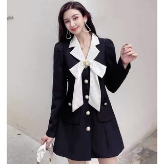 Đầm váy nữ cổ vest tay dài cột nơ cài nút thật