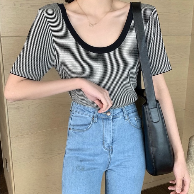 Áo ZHELIHANGFEI dệt kim tay ngắn cổ chữ U họa tiết sọc thời trang mùa hè quyến rũ dành cho nữ