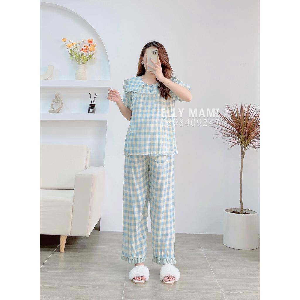 ( 40kg - 85kg ) Đồ Bộ Bầu Và Sau Sinh Nhiều Màu Đũi Hàn Cổ Bèo Caro Ngắn Tay , Quần Dài Form Dễ Mặc , Siêu Mát Nhẹ Tênh