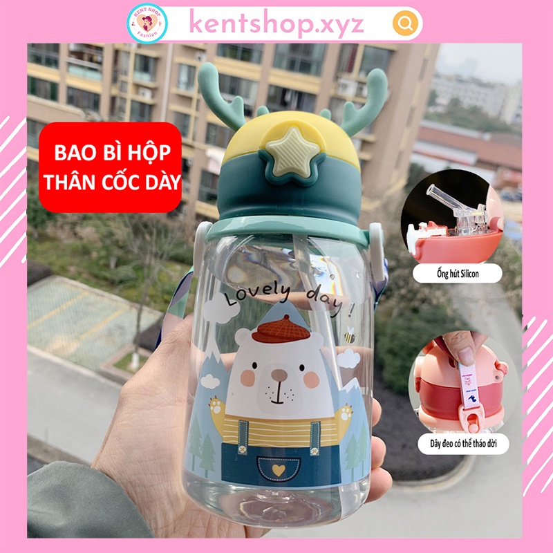 Bình tập uống nước cho bé có ống hút chống sặc Silicon Cao Cấp, Bình uống nước Sừng Nai Cute KID cùng bé đi học