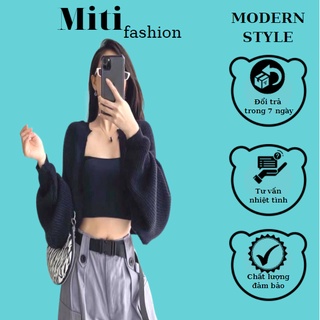 Set áo cadigan tay bồng 2 món đen sang chảnh MITI Set áo 2 dây ôm body kèm áo khoác nhẹ quyến rũ