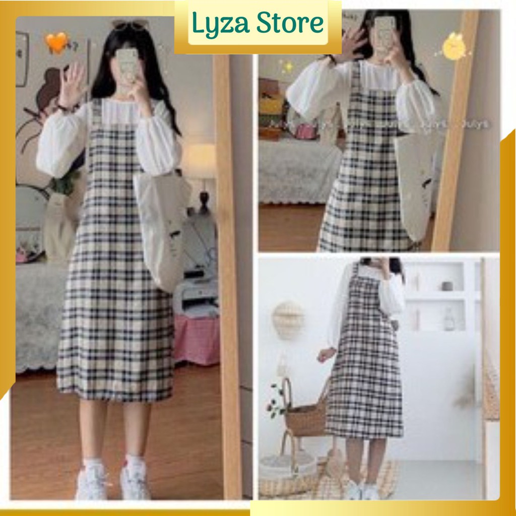 Set yếm kẻ babydoll kèm áo tay bồng dáng dài ulzzang dưới 60kg - Lyza Store