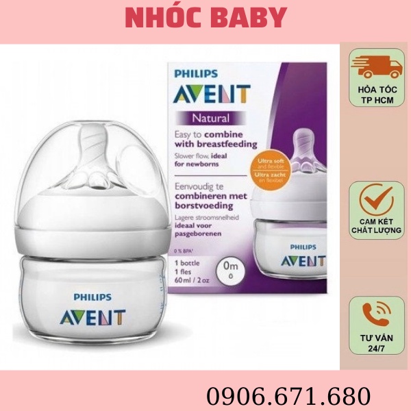 Bình sữa Philips Avent 60ml Natural Cổ Rộng Chống Đầy Hơi Chống Sặc - Bình sữa cho bé sơ sinh - 1 Đổi 1 Nếu Lỗi NSX