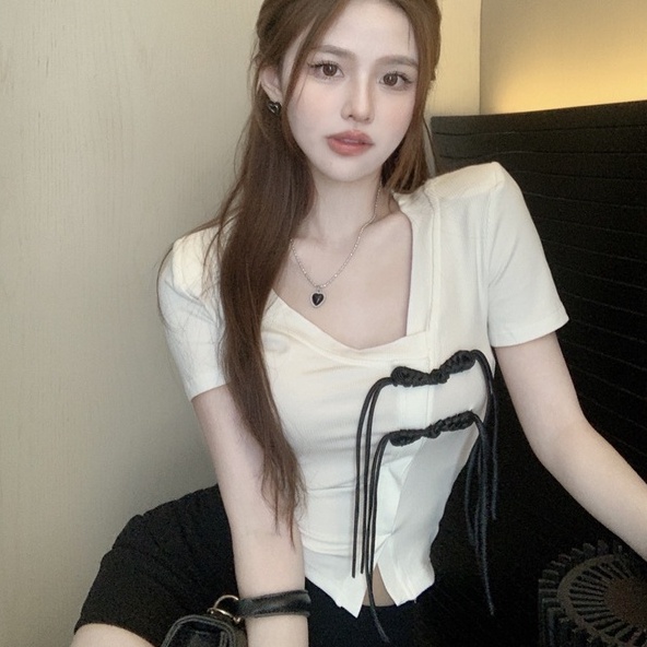 Áo thun ZHELIHANGFEI dệt kim ngắn tay phối nút thời trang cho nữ