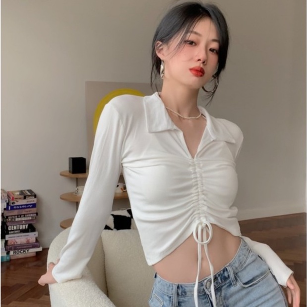 QADCOL Áo lửng tròng đầu tay dài dáng ôm phối dây rút hợp thời trang