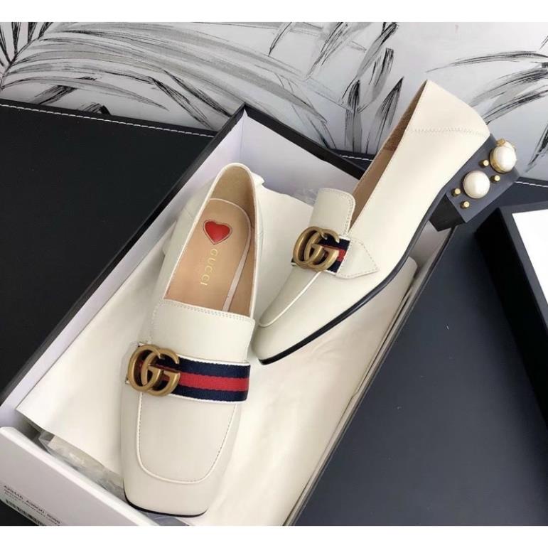Giầy Lười Gucci Gót Ngọc Trắng Đen