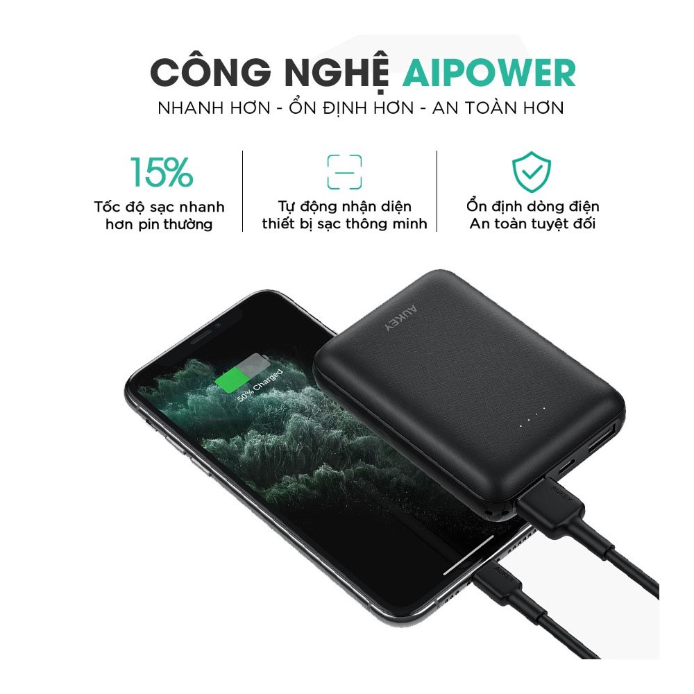 Pin Sạc Dự Phòng 10000mAh Aukey PB-N66 2 Cổng Sạc 2.4A Công Suất 12W Công Nghệ Aipower Thông Minh