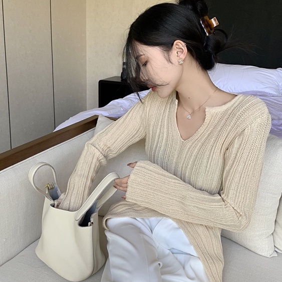 Áo Dệt Kim Tay Dài Cổ Chữ V Xẻ Tà Dáng Ôm Phong Cách Hàn Quốc Cổ Điển Thời Trang Cho Nữ