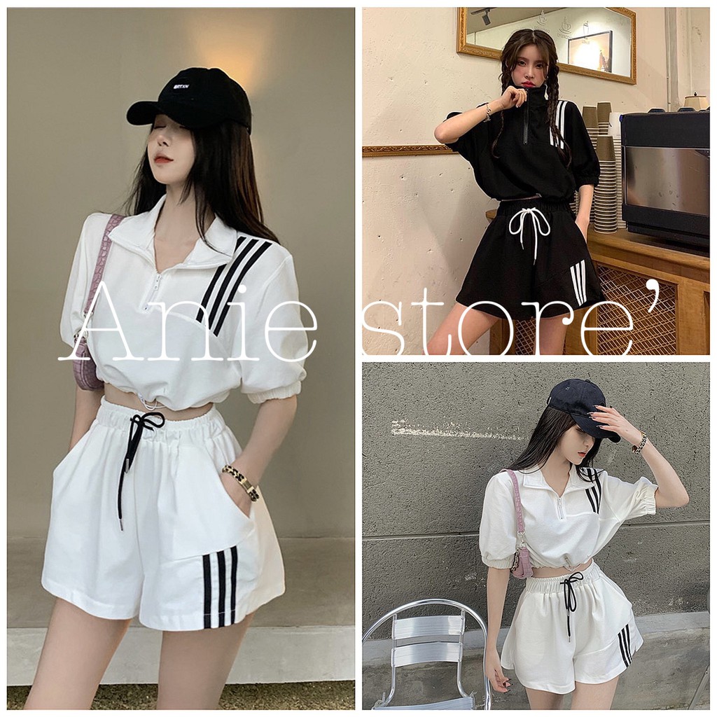 Emily Shop - Bộ Thể Thao Nữ Cộc Tay Kẻ Sọc 🦋 Set Áo Cộc Khóa Kéo Quần Short Ống Rộng 2 Màu 🦋