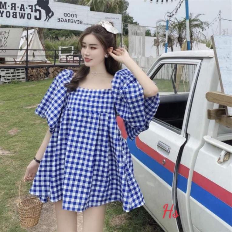 💃 Đầm Babydoll Nữ Kẻ Xanh Cổ Vuông. HANN's Closet. Váy Nữ Tay Bồng Dáng Xòe Tiểu Thư Xinh Đẹp