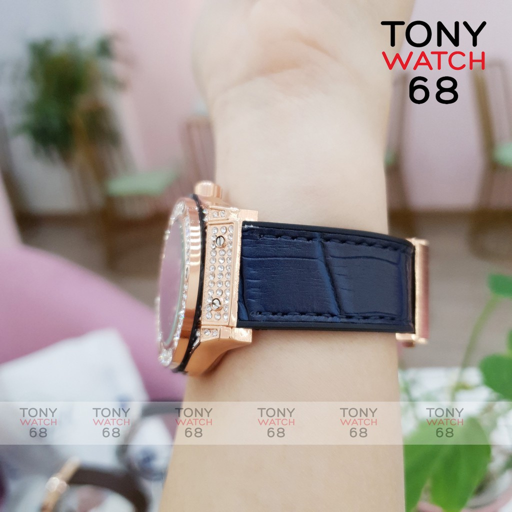 Đồng hồ nữ HULO mặt xanh dây cao su giả da mặt đính đá pha lê chống nước chính hãng Tony Watch 68 -Hàng nhập khẩu