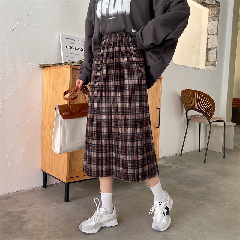 Chân Váy midi Dáng Rộng Họa Tiết Kẻ Sọc Phong Cách Hàn Quốc Cổ Điển Thời Trang Mùa Thu Mới