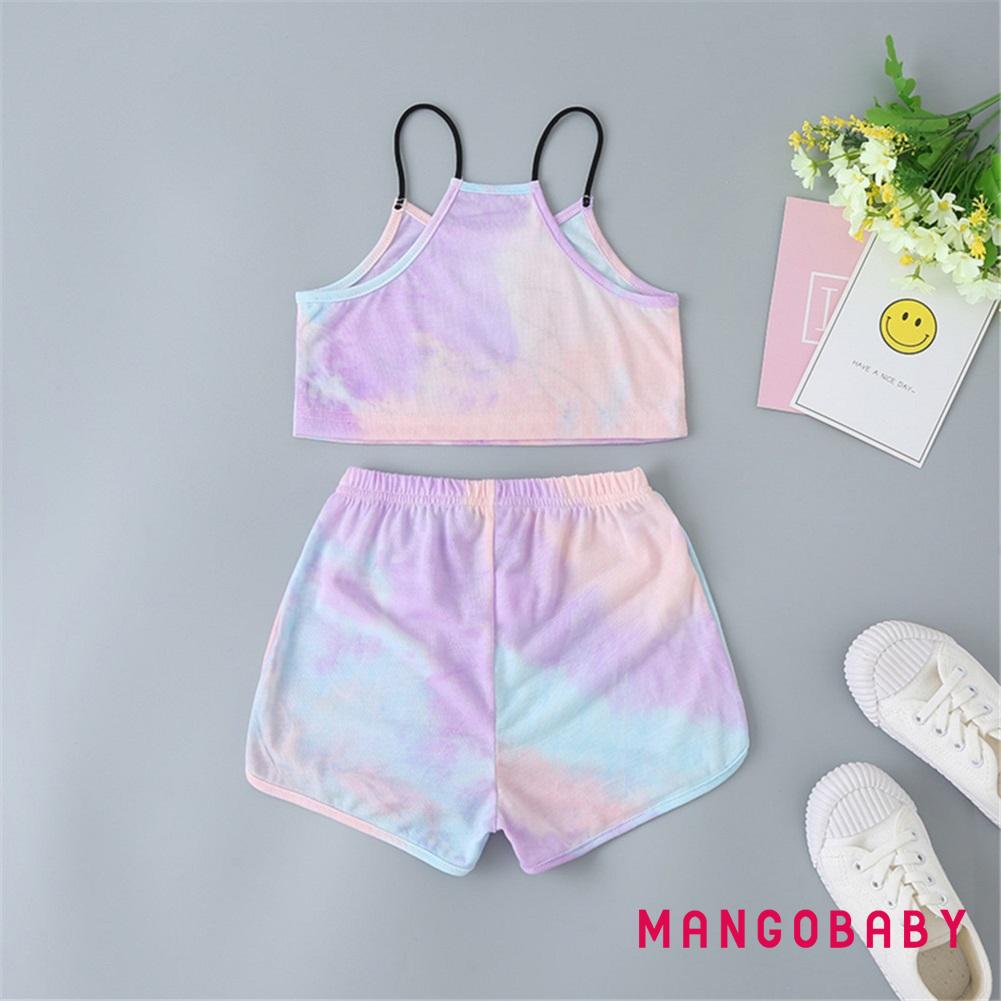 Bộ Áo Hai Dây + Quần Short Lưng Thun Co Giãn Màu Nhuộm Cho Bé Gái