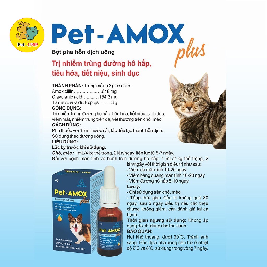 Dung Dịch Uống Pet-Amox Plus 3g Giảm Tiêu Chảy, Hô Hấp Cho Chó Mèo Pet-1989
