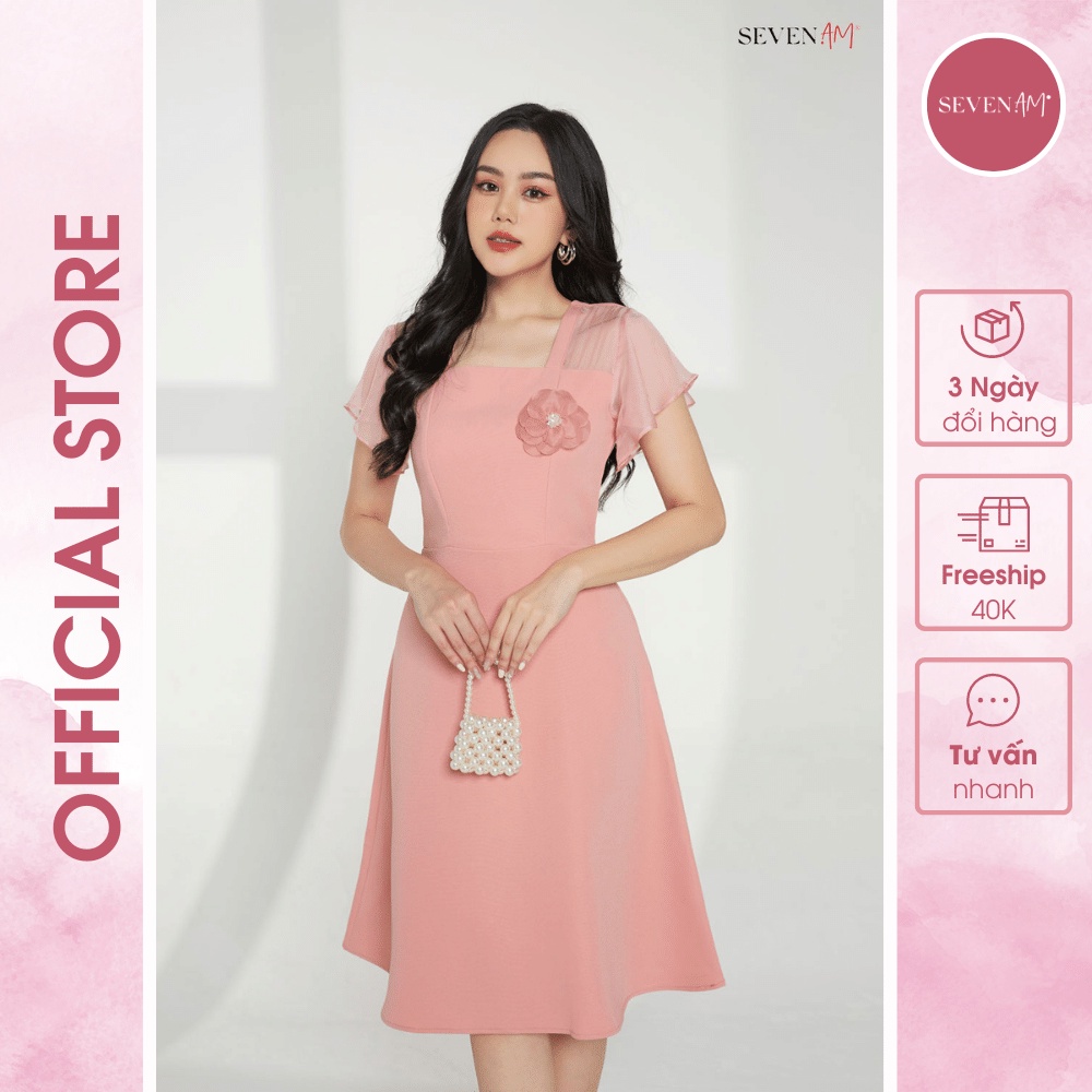Đầm Dáng A Seven.AM Tay Cộc Màu Hồng Thiết Kế Cổ Vuông Có Đính Hoa Ngực Fh633089