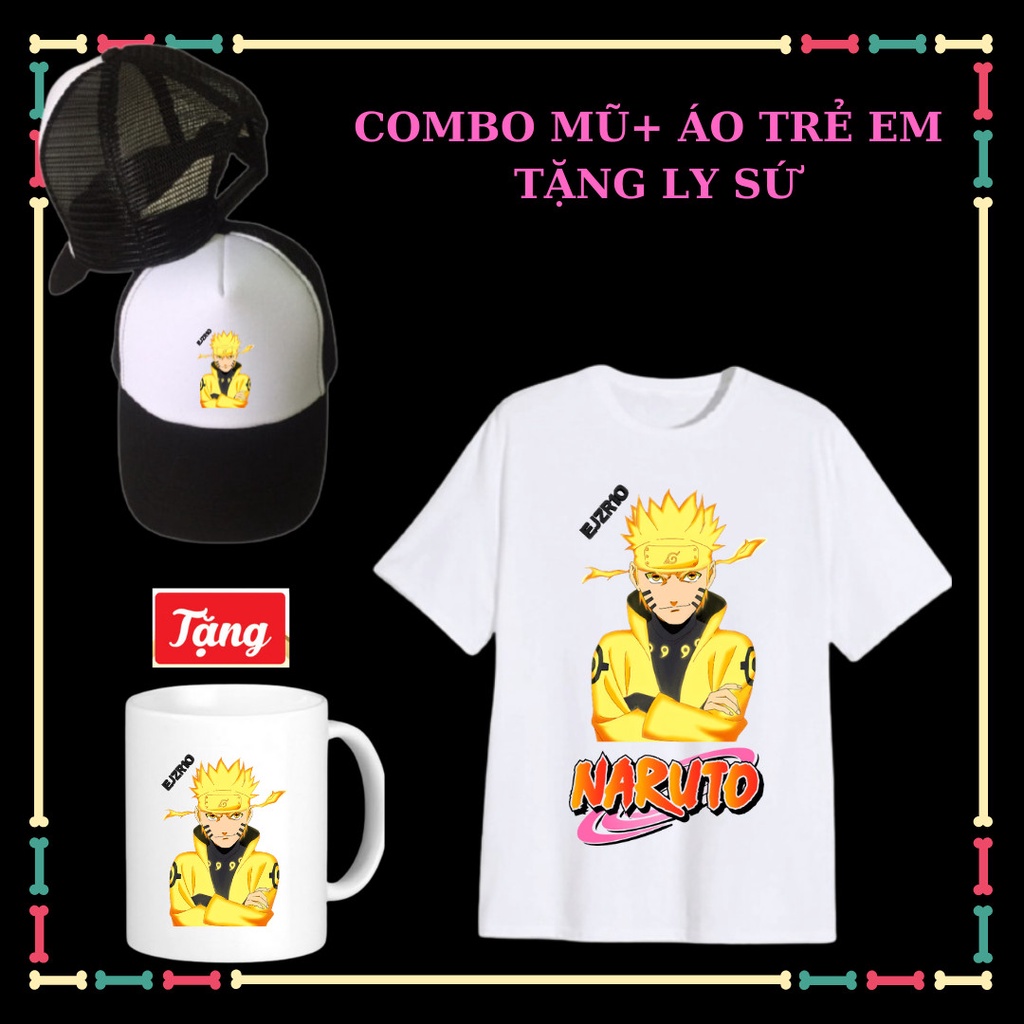 Combo Mũ lưỡi trai Áo thun Mẫu Naruto lục đạo siêu ngầu cho trẻ em-Tặng Ly sứ in hình Naruto lục đạo