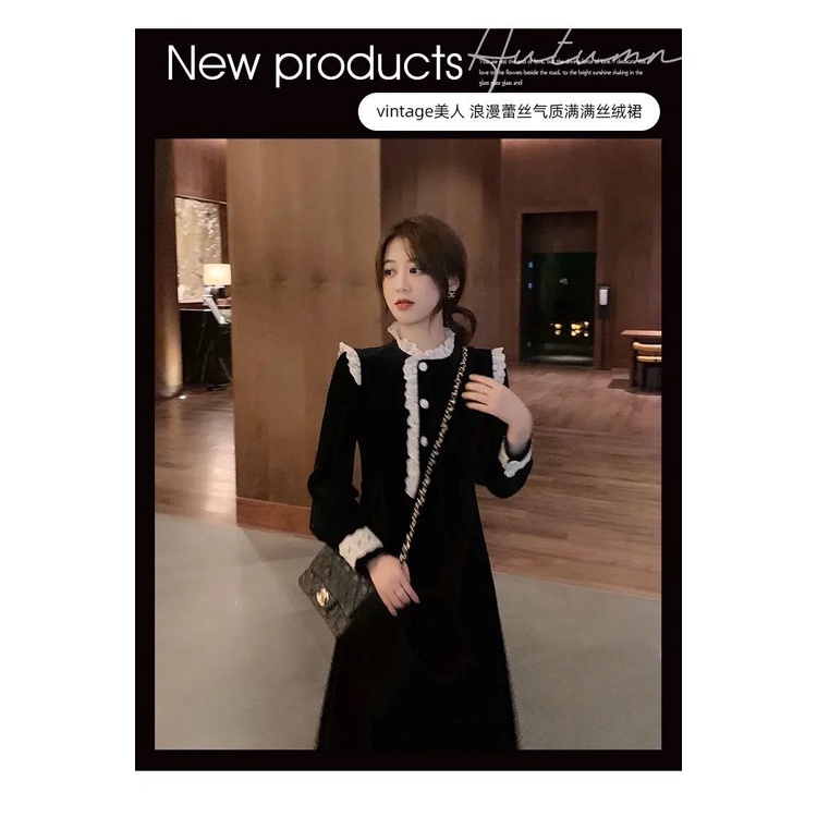 Đầm nhung dài màu đen phong cách Pháp thời trang thu đông 30