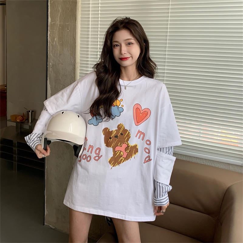 ZHELIHANGFEI Áo Thun Giả Hai Lớp Dáng Rộng In Hình Gấu Thời Trang Dễ Phối Đồ