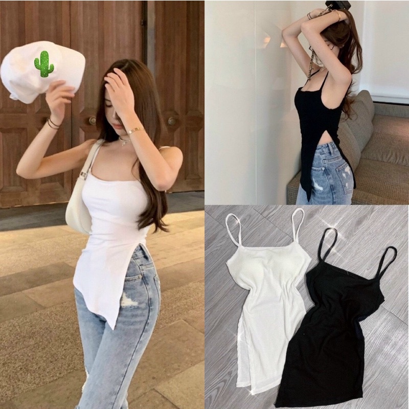 Áo kiểu xẻ tà 2 dây nữ đen trắng