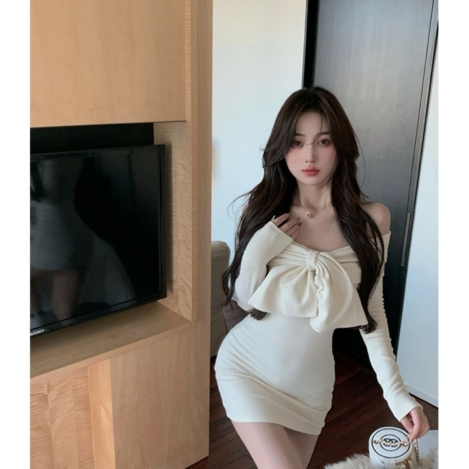 COZOK Đầm Tay Dài Dáng Ôm Thắt Nơ Vai Quyến Rũ Cho Nữ