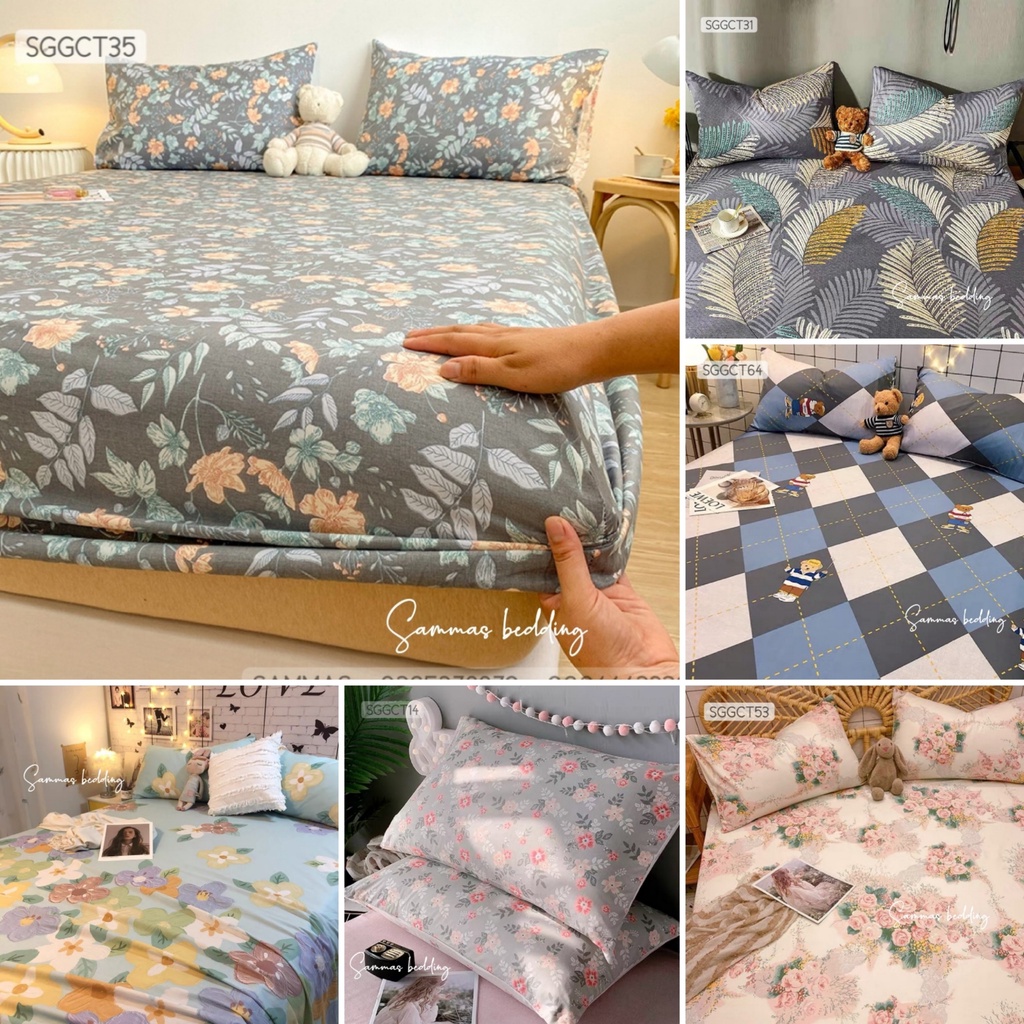Bộ Chăn Ga Gối 3 Món Cotton 100%, Bộ Drap Giường Hoa Xám Đậm Kèm Vỏ Gối Thoáng Mát Bốn Mùa