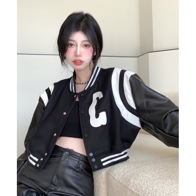 TKLIHN Áo khoác BOMBER croptop ULZZANG phong cách cá tính HOT TREND 2023 áo khoác da Hot Trend
