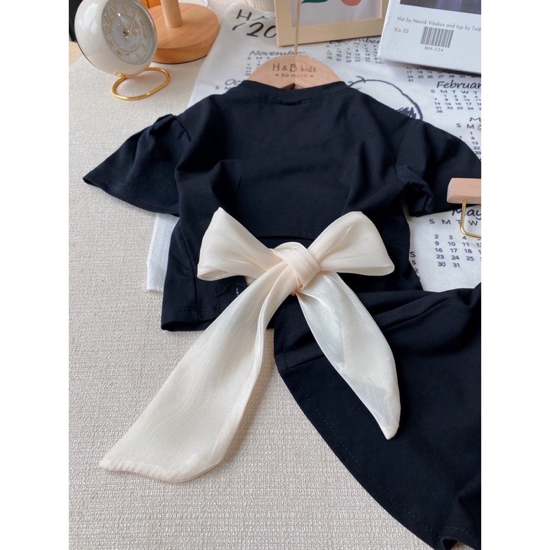 Sét váy cotton tàu khoét lưng kèm nơ bản to cho bé gái từ 8-20kg💋