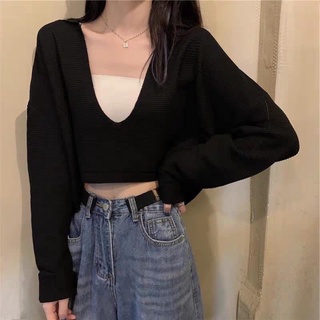 🌼Áo len dài tay crotop cổ bẻ kiểu V
