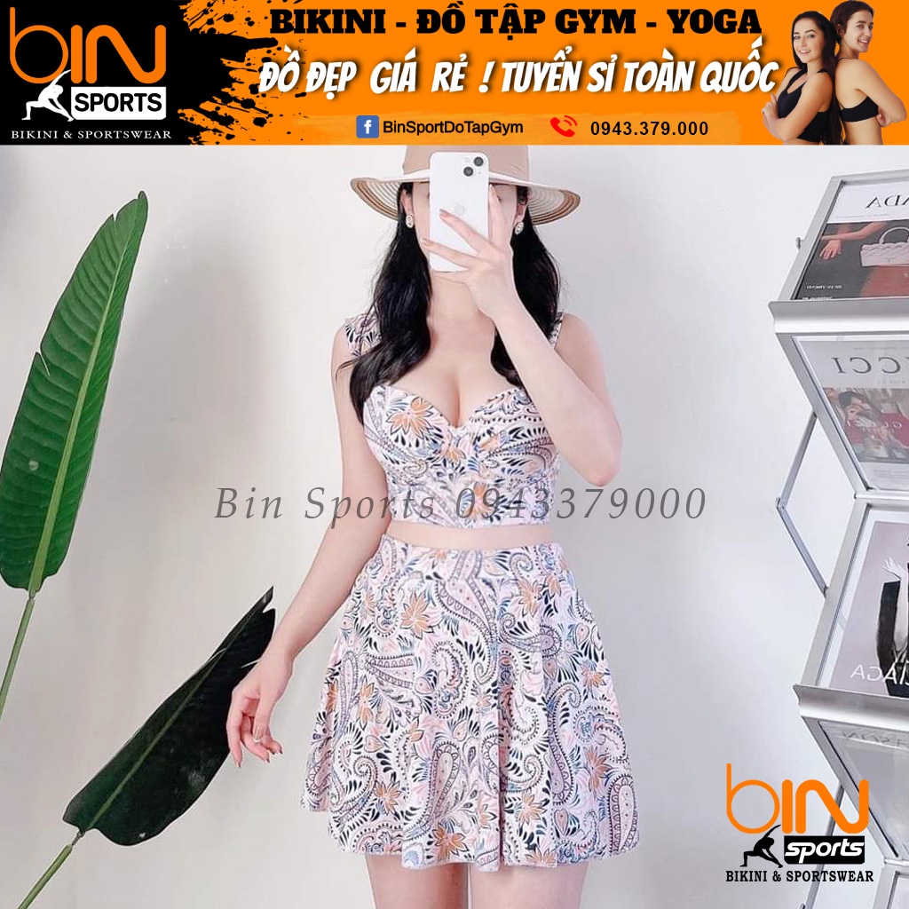 Bikini Bộ Bơi Nữ Hai Mảnh Quần Váy Aó Bra Mút Nâng Ngực Freesize Bin Sports BHV173