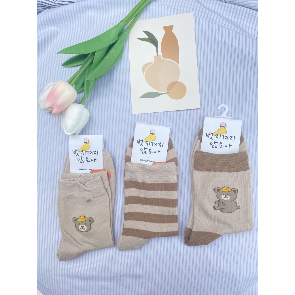 Tất gấu Muzini tất cổ cao tone nâu nhiều hình phong cách Hàn Quốc cute TN214