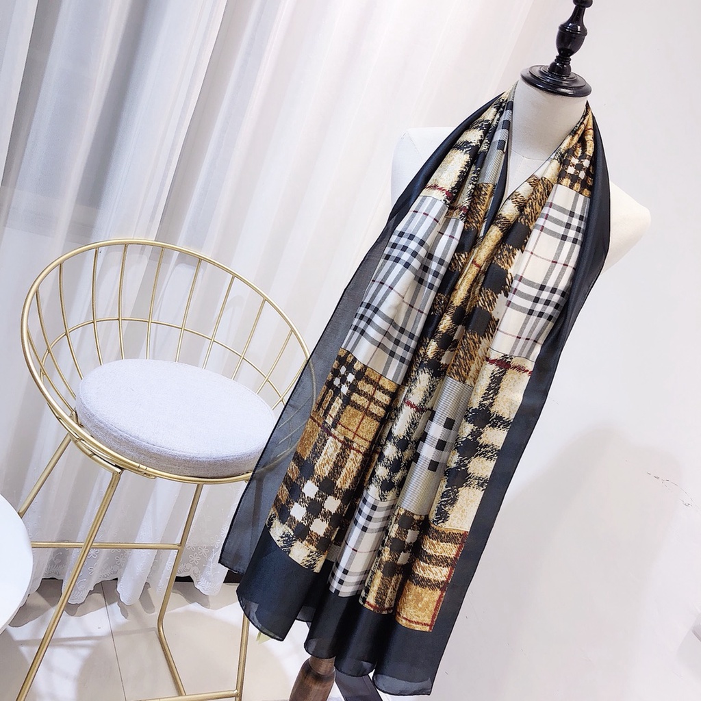 Khăn Choàng Lụa Dáng Dài In Họa Tiết Kẻ Ô Thời Trang Mùa Hè Cho Nữ
