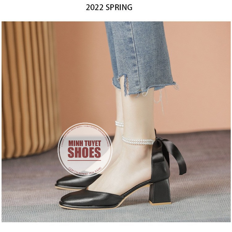 giày nữ minhtuyetshoes đế vuông FROM LỚN LÙI SIZE 5cm bít mũi chuỗi ngọc buộc dây mẫu mới mang đi chơi noel tết cực xinh