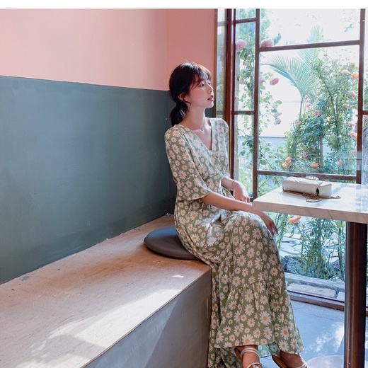 Váy Little daisy hè đuôi cá, tay xòe xuất xứ Quảng Châu mới thịnh hành voan cổ cao eo dài cổ tích nhỏ váy dài tươi mát