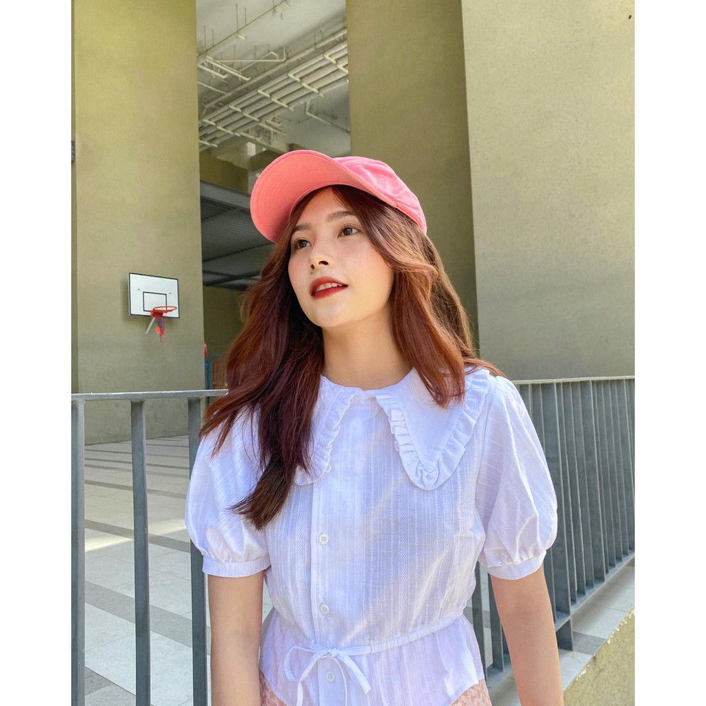Aó màu trắng cổ bèo, rút eo Stripeshiden Top