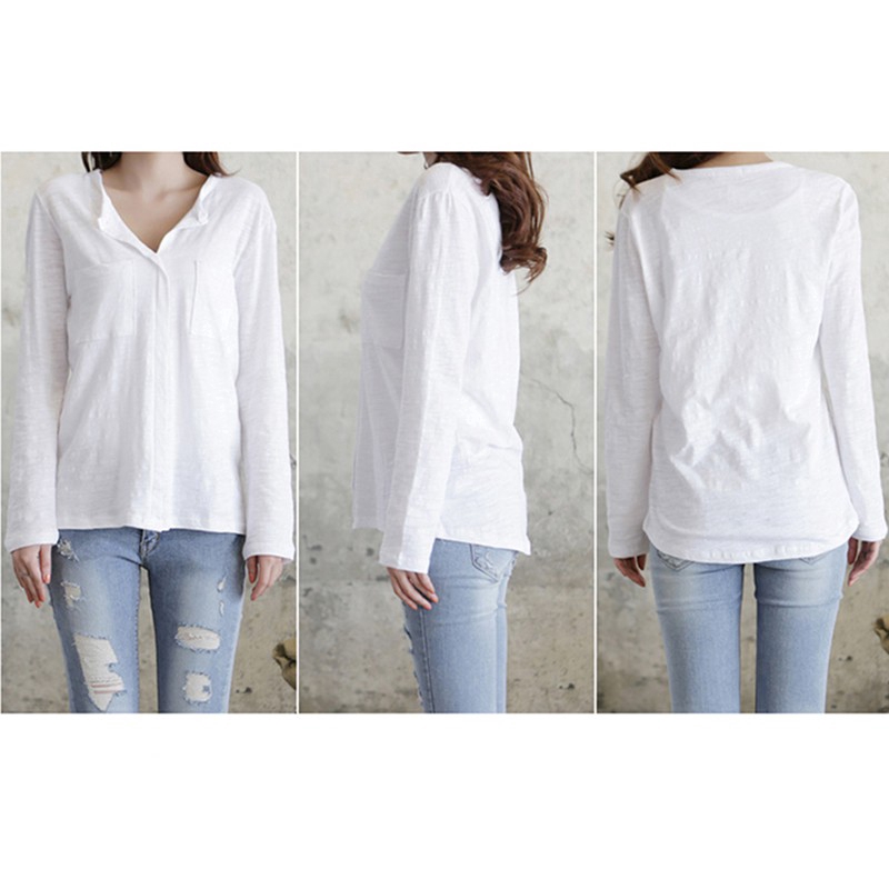Áo Kiểu Tay Dài Cổ Chữ V Bằng Cotton Thiết Kế Dáng Rộng 4 Màu Tùy Chọn Dành Cho Nữ