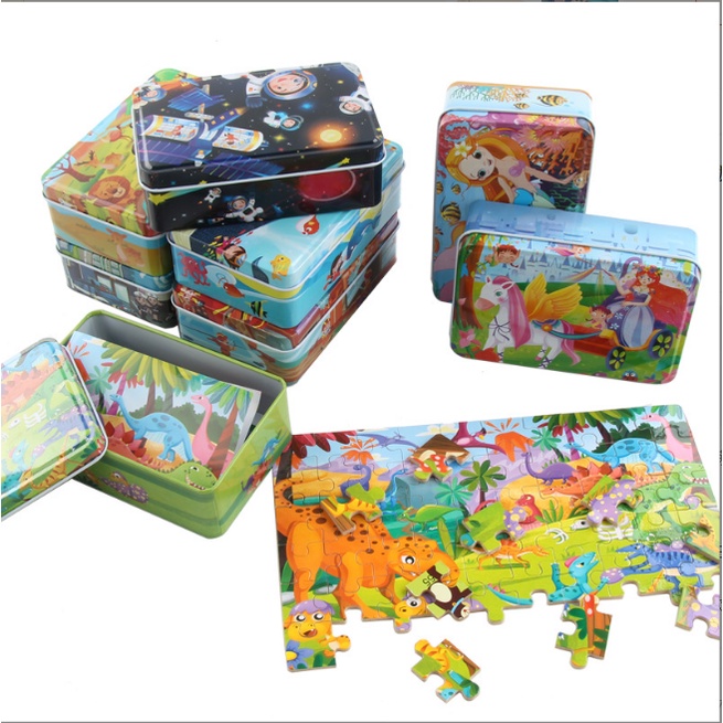 Đồ chơi bộ tranh xếp hình, ghép hình bằng gỗ 60 mảnh puzzle có hộp thiếc cho bé - tranh ghép gỗ 60 miếng