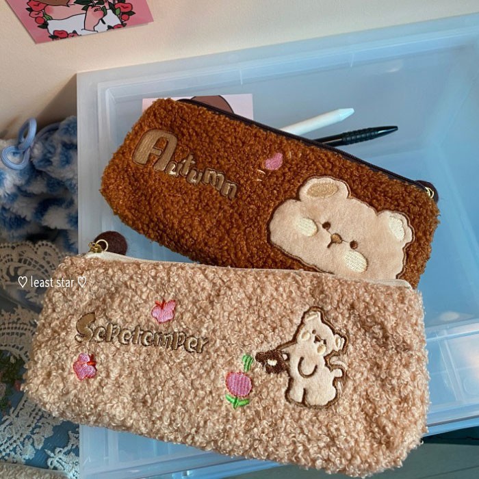 Túi Đựng Bút Thêu Hình Gấu Hoạt Hình Phối Khóa Kéo Xinh Xắn