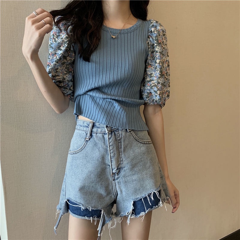 Áo IELGY tay ngắn in hoa màu xanh dương phong cách Pháp thời trang cho nữ