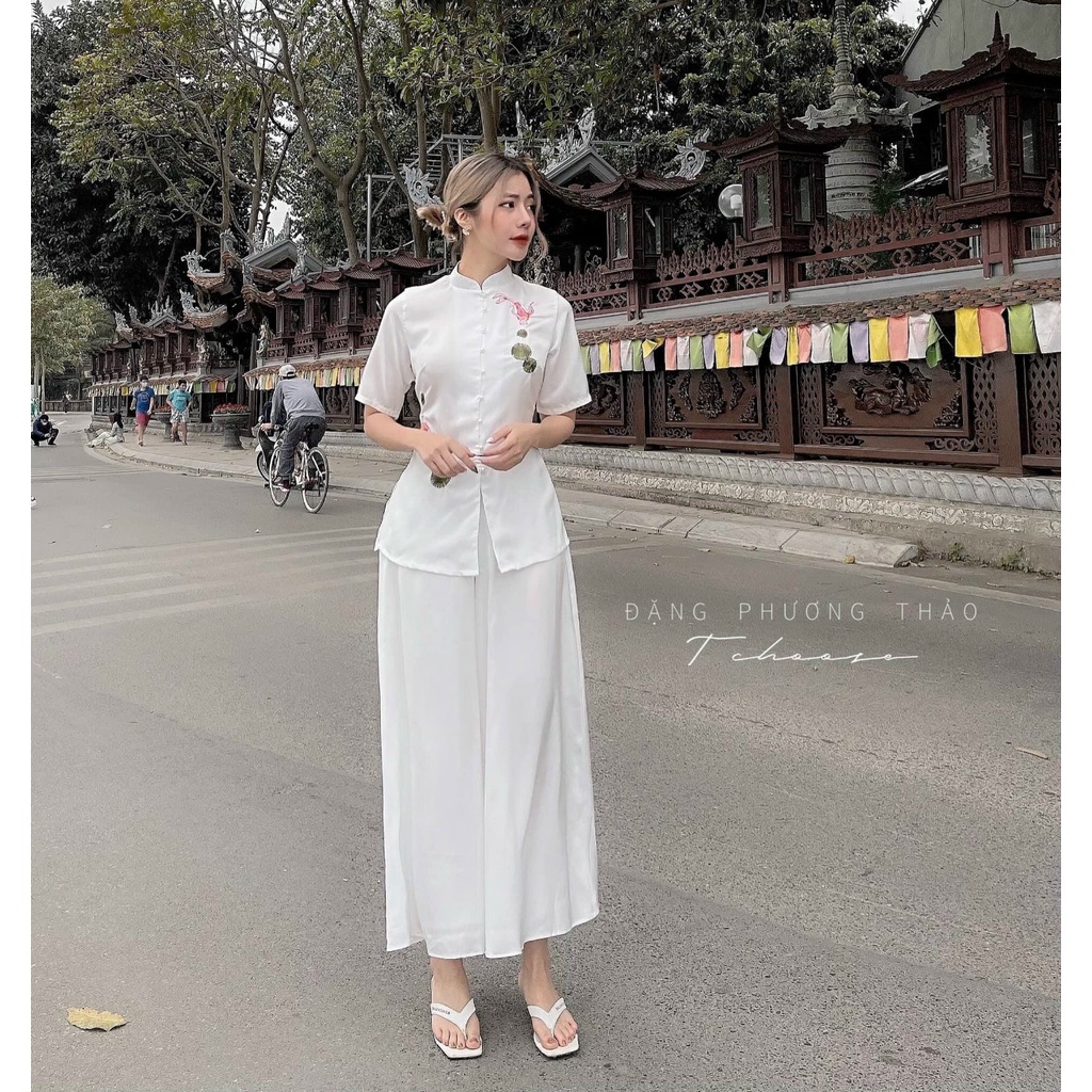 Đồ Lam Nữ Đi Chùa - Thêu Cá Ngọc Vải Lụa Cao Cấp Trang Nhã Kín Đáo_ CG04