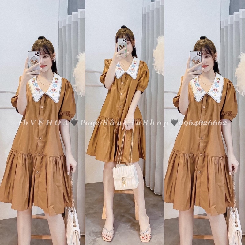 Đầm suông babydoll thêu hoa , Đầm suông babydoll cổ áo thêu hoa cao cấp