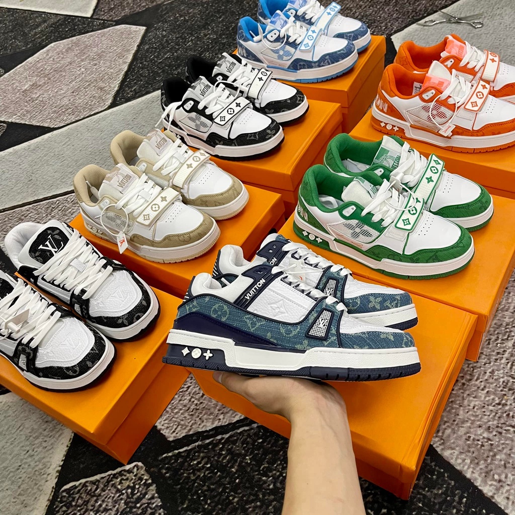 Giày LV trainer, Giày sneaker LV luôn vui tươi xanh, đen, hồng, phối đồ nam nữ Full Box
