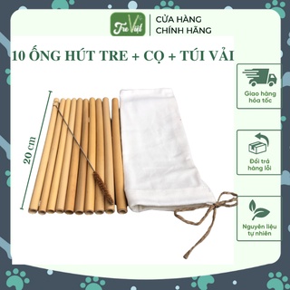 Combo 10 ống hút tre + cọ rửa + túi vải (Hàng đẹp)