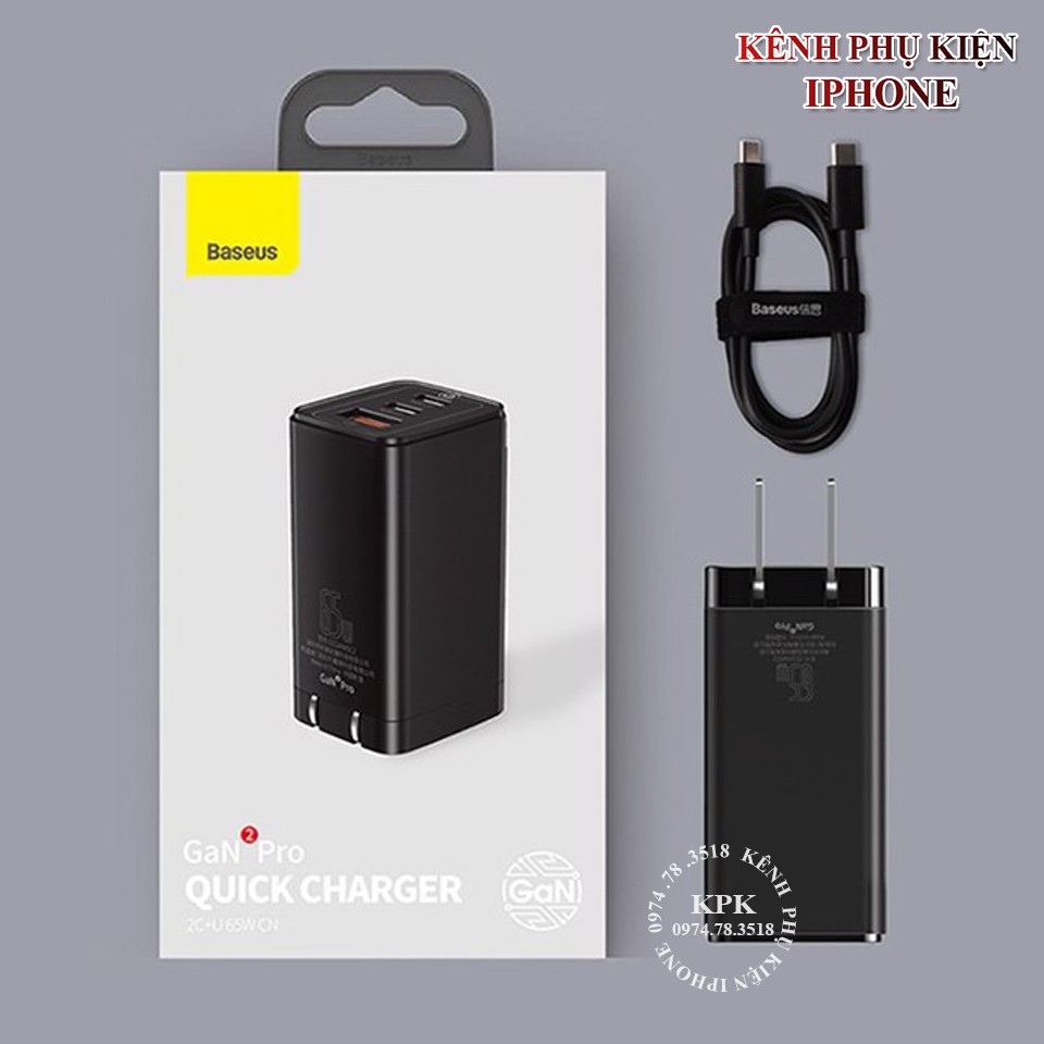Bộ Củ + Cáp sạc Baseus GaN2 Pro Quick Charger 65W 2USB-C+ 1USB-A sạc cho điện thoại Laptop , Macbook