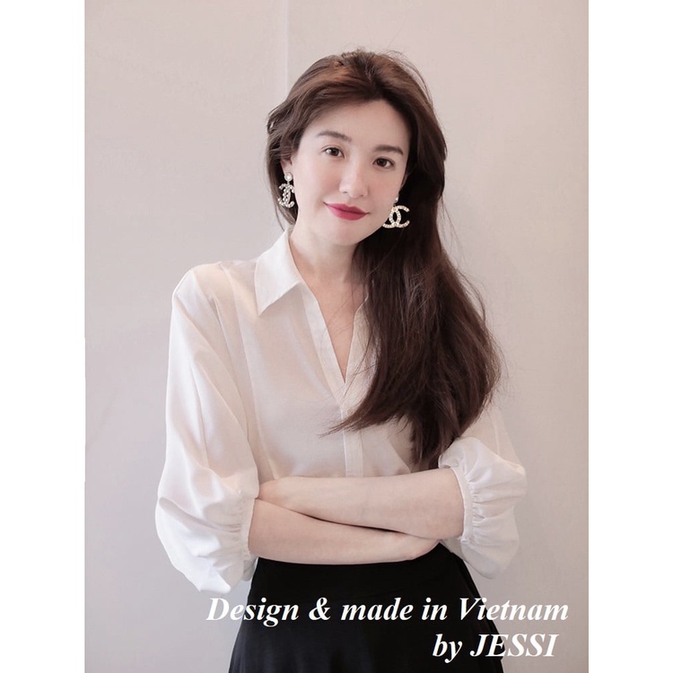 Áo sơ mi trắng nữ Lyn25 kiểu tay lỡ vai bồng JESSI , Sơ mi nữ tay lỡ công sở kiểu dáng basic
